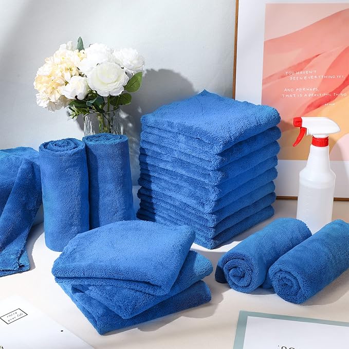 Shimeyao 40 Pcs 16 x 16 Inch Edgeless Microfiber Plush Towels for Cars Detailing Drying Wash Polishing Absorbent Cleaning Cloths, 500 GSM(Blue)