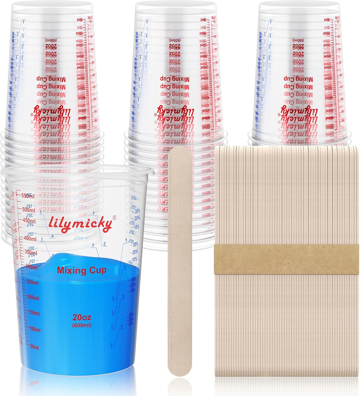 50 Pack Plastic Mixing Cups, 20 oz (600ml), Disposable Measuring Cups with 50 Wooden Mixing Sticks, Measurement ratios: 2:1, 3:1, 4:1, Suitable for Epoxy Resin, Liquid Measuring, and Paint