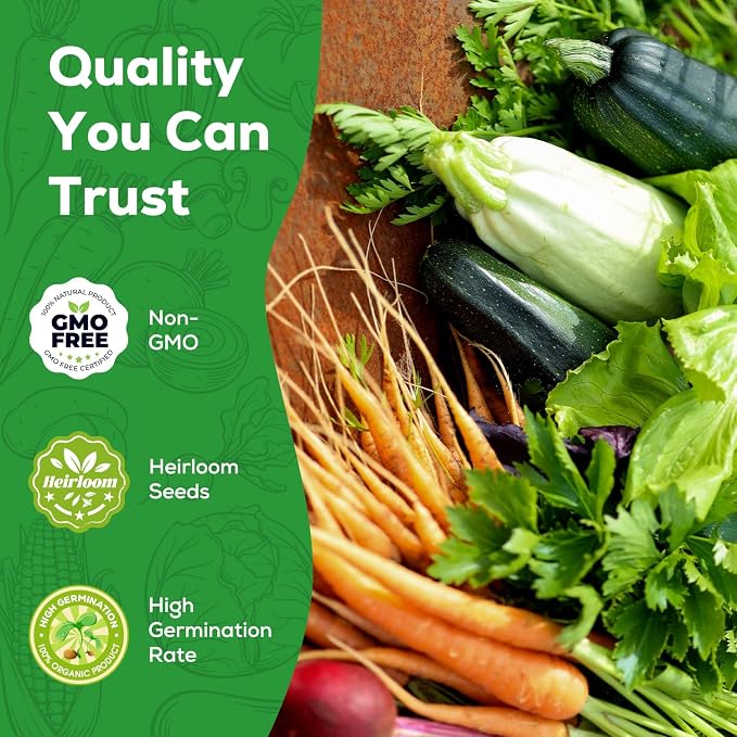 10 Vegetable Seeds Pack - Heirloom - Basil, Snap Pea, Broccoli, Bean, Jalapeño Pepper, Tomato, Lettuce, Cucumber, Carrot, Zucchini Seeds for Planting Home Garden