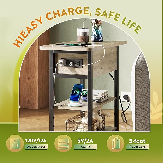 WLIVE End Table with Charging Station, Flip Top Narrow Side Table with Storage Shelf, Small Nightstand with USB Ports and Outlets,Bedside Table for Living Room, Bedroom,11.81" D x 23.62" W x 24.33" H