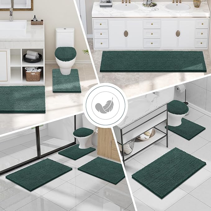 Smiry Luxury Chenille Bathroom Rugs 24x16, Extra Soft and Absorbent Shaggy Bath Mat, Machine Washable, Non-Slip Plush Carpet Runner for Tub, Shower, and Floor, Home Decor Accessories, Green