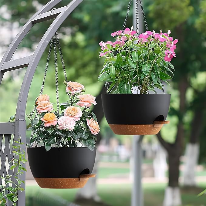 UOUZ Set of 3-10 Inch Self Watering Hanging Planters for Indoor Outdoor，Hanging Plant Pots with Drainage & Removable Tray, Hanging Pots Holder for Ivy, Pothos, Ferns, Balcony & Patio, Black with Brown