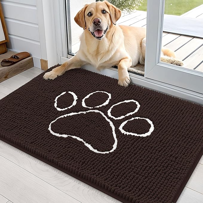 OLANLY Dog Door Mat for Muddy Paws 36x24, Paw Print Design, Absorbs Moisture and Dirt, Absorbent Non-Slip Washable Doormat, Quick Dry Chenille Mud Mat for Dogs, Entry Indoor Entryway Carpet, Brown
