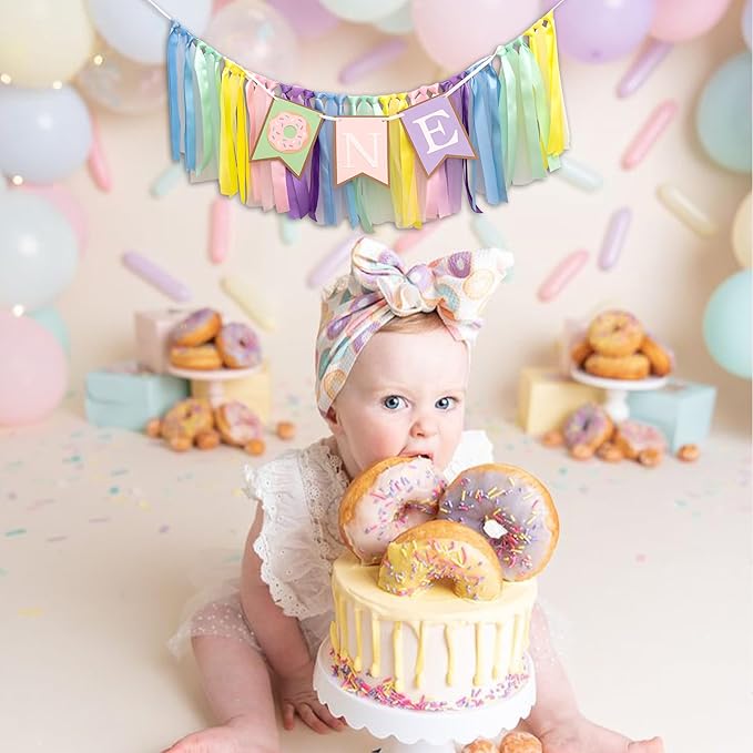 Donut High Chair Banner 1st Birthday - Donut Grow Up Highchair Banner, Sweet One Birthday Party Decorations for Cake Smash, Photo Prop...