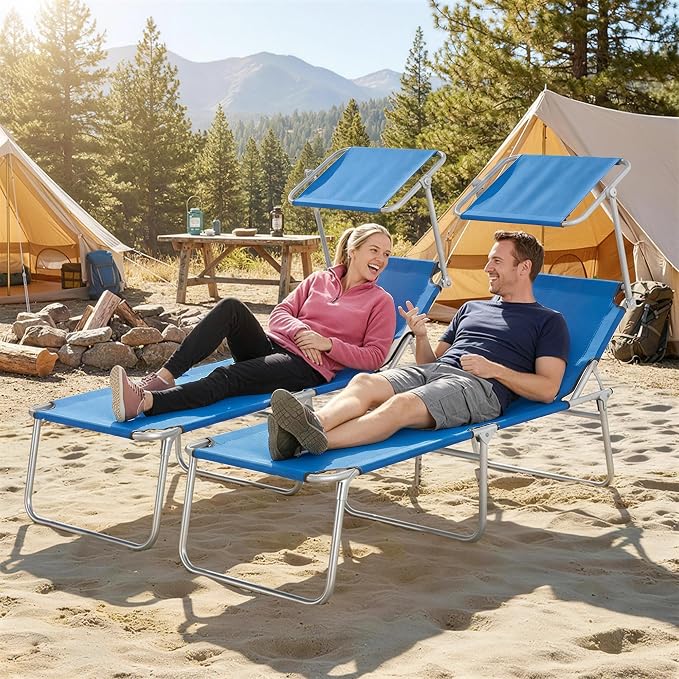 Outsunny Outdoor Lounge Chairs Set of 2, Adjustable Folding Chaise Lounges, Tanning Chairs with Sun Shade for Beach, Camping, Hiking, Backyard, Blue