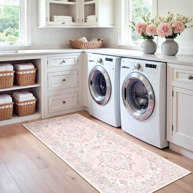 Area Rugs 2'x6' Runner Rug Non Slip Washable for Kitchen Hallway Bedroom Beside Laundry Room Bathroom Rug, Floor Carpet, Pink Greypink Cute