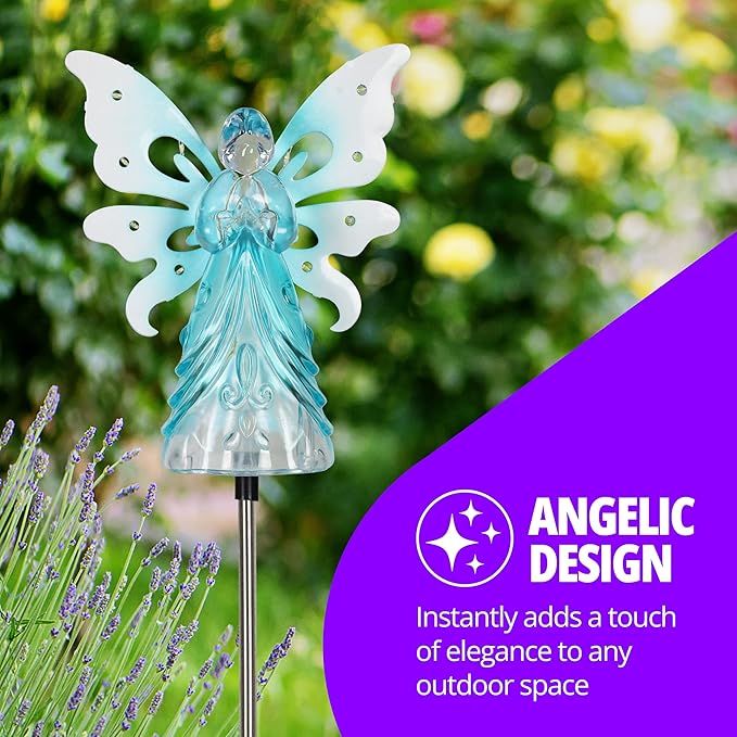 Exhart Garden Solar Lights, Decorative Angel Garden Stake, 13 LEDs, Cute Yard and Pathway Decor, Blue, 7 x 40 Inch
