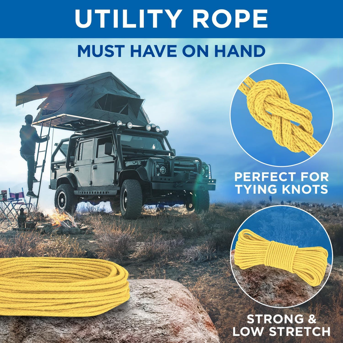 TECEUM Cotton Rope 3/16” (5 mm) – 50 FT – Strong All-Purpose Braided Rope – Natural Cotton – for Crafting, Сamping, Clothes Line, DIY, Indoor & Outdoor Use – Yellow