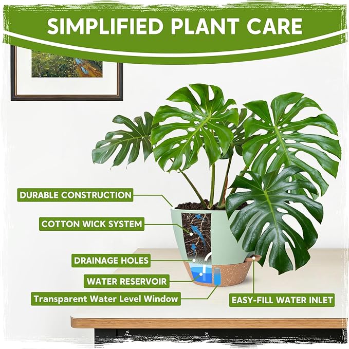 Self-Watering Pots for Indoor Plants with Visible Water Window,5/6/6.5/8/10 Inch Outdoor Flower Pots with Drainage Holes & Reservoir for Patio, Home Decor (Green)