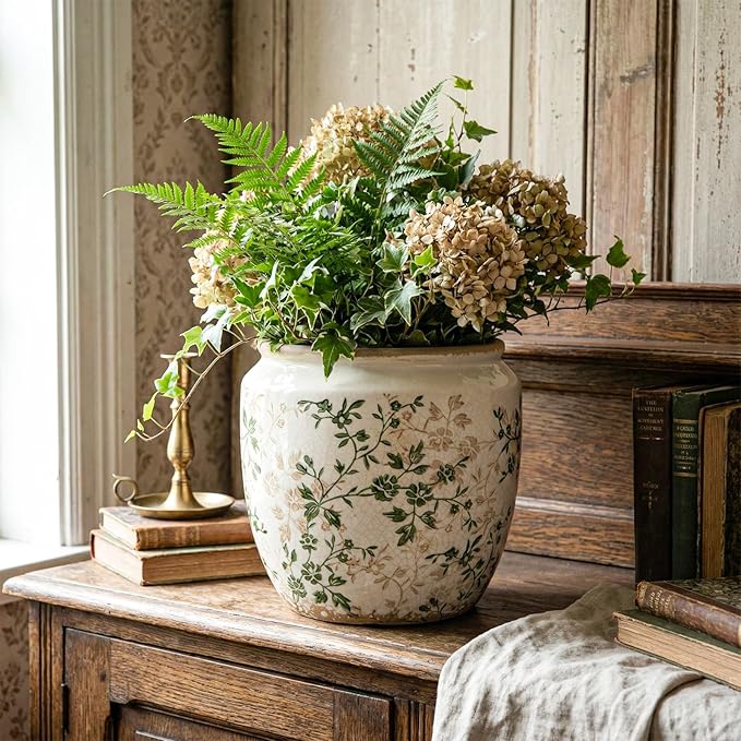 LemonRoad 7 Inch Large Vintage Ceramic Planter with Drainage Holes Ice Crackle Flower Vase Flower Pot with Rustic Greenery Pattern for Indoor Outdoor Plants Garden Home Kitchen Office Shelf Decor