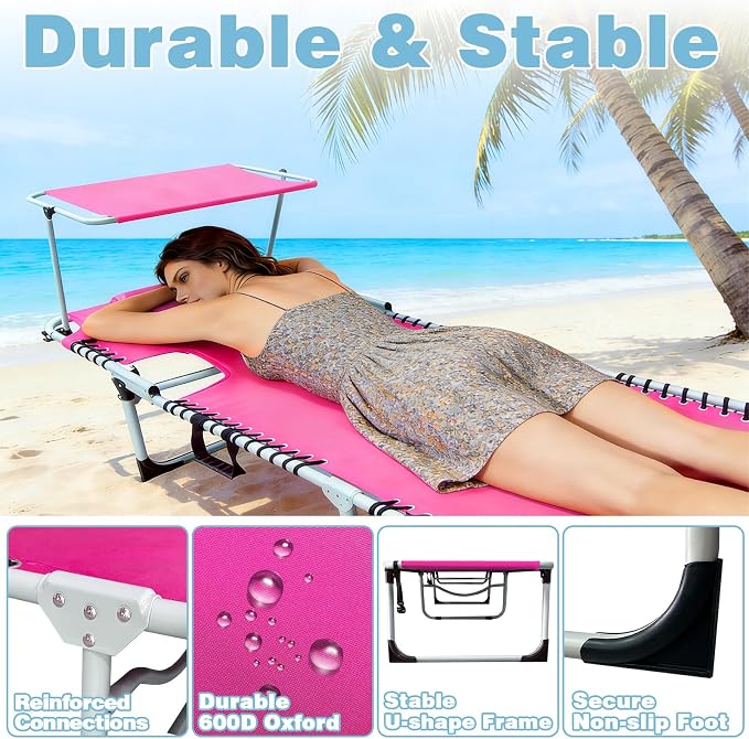 Outdoor Tanning Chair with Sun Canopy Shade & Face Hole, Folding Lounge Chair with Beach Table and Carry Bag for Poolside Sunbathing Lawn