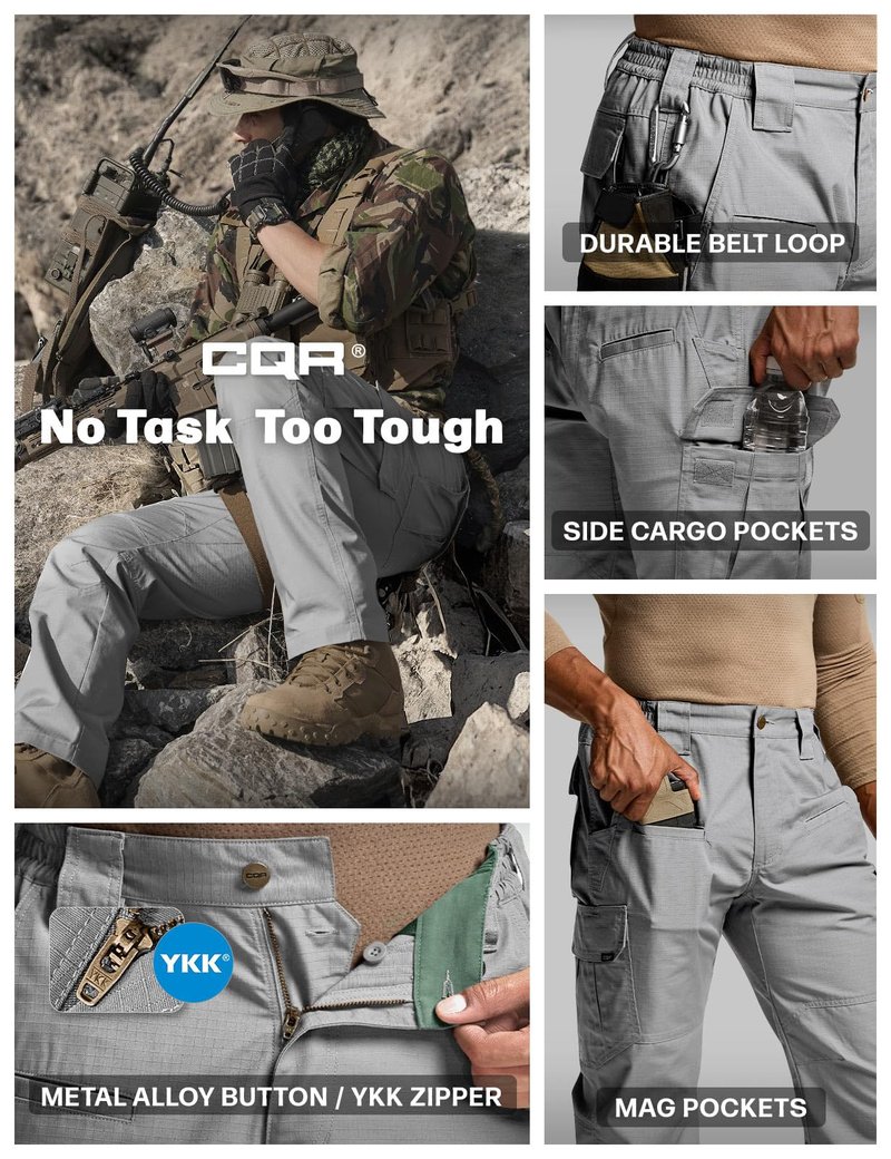 CQR Men's Tactical Pants, Water Resistant Ripstop Cargo Pants, Lightweight EDC Work Hiking Pants, Outdoor Apparel, Raider Stone, 44W x 32L