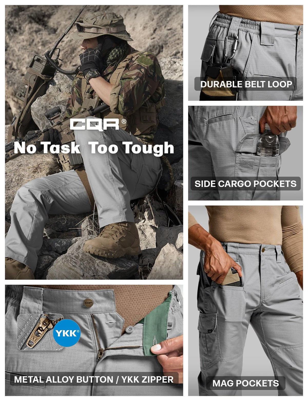 CQR Men's Tactical Pants, Water Resistant Ripstop Cargo Pants, Lightweight EDC Work Hiking Pants, Outdoor Apparel, Raider Stone, 38W x 34L