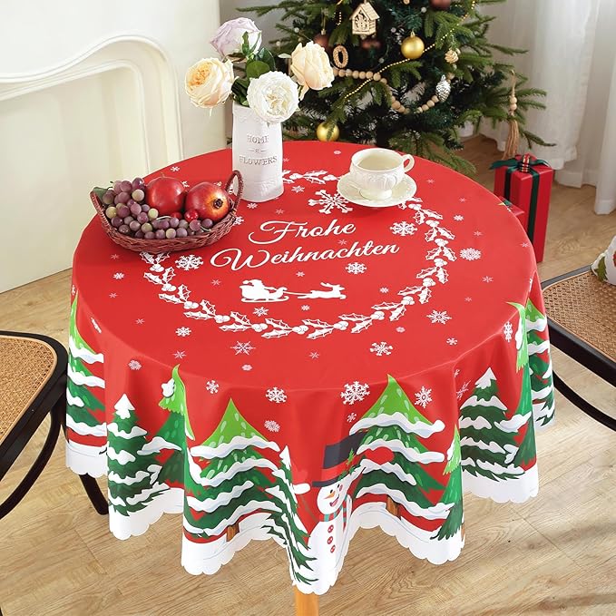 Eikione Christmas Tablecloth Round 70Inch Tableclothes, Christmas Tree+Santa Claus Table Cloth, Wipeable Table Cover for Picnic Party