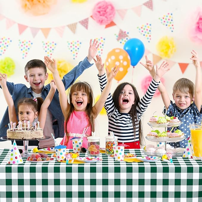 WNINK 3 Pack Green and White Checkered Rectangular Plastic Tablecloths, Green Gingham Waterproof Disposable Table Covers 54" x 108" for Birthday, Wedding, Outdoor Picnic Camping Parties