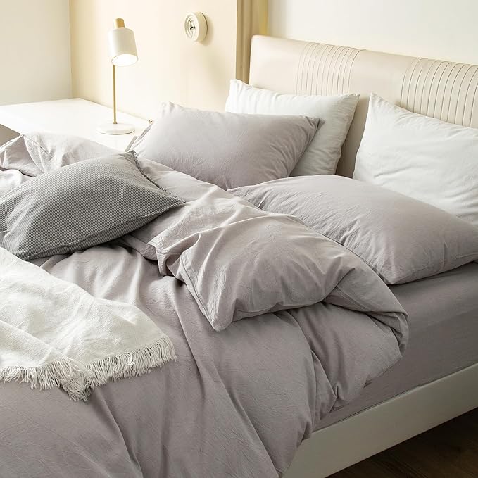 JIYUAN 100% Washed Cotton Duvet Cover Set 3 Pieces Oversized King, 1 Duvet Cover 120x98 Inches(Comforter Not Included) and 2 Pillowcases,Linen Feel Bedding Set Comfy and Breathable, Heathered Linen