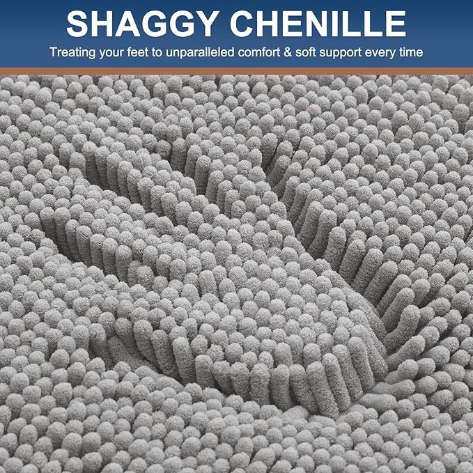 Smiry Luxury Chenille Bathroom Rugs 34x21, Extra Soft and Absorbent Shaggy Bath Mat, Machine Washable, Non-Slip Plush Carpet Runner for Tub, Shower, and Floor, Home Decor Accessories, Light Grey