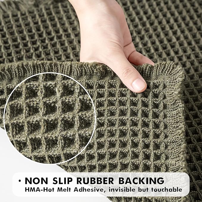 MIULEE Set of 2 Waffle Bathroom Rugs, Boho Bath Rugs Non Slip Washable, Super Absorbent Bath Mats, Ultra Soft Rubber Backed Shower Mats for Bathroom Floor, Tub, Green, 17"x24"+17"x48"