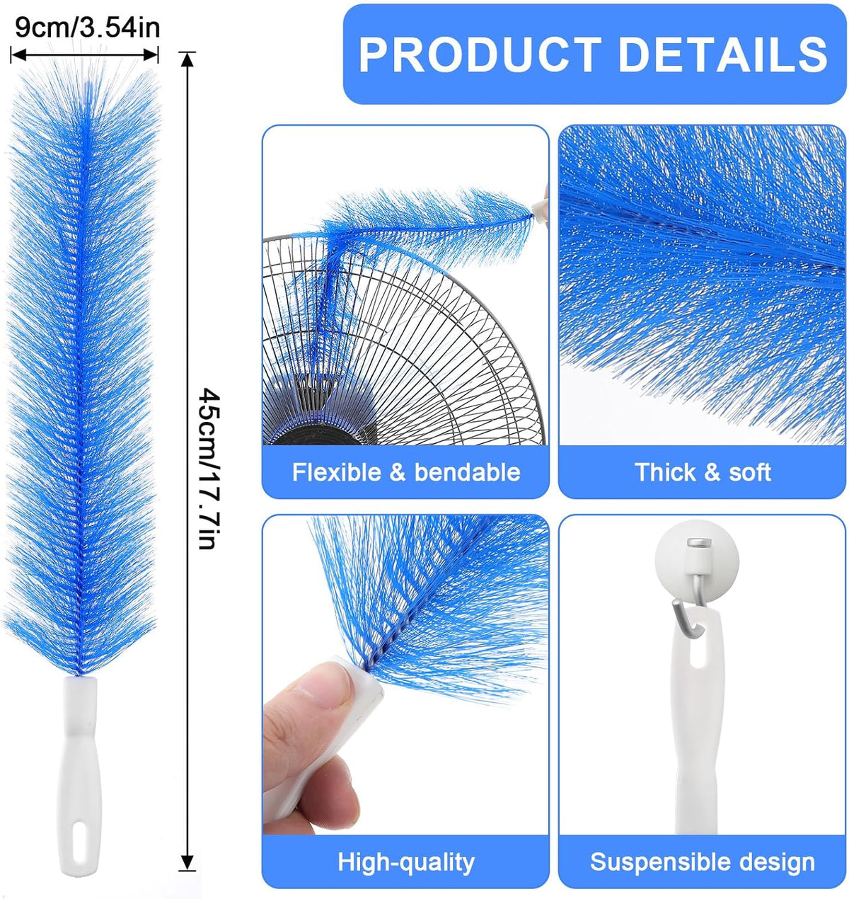 2 Pcs Fan Cleaner Brushes, Bendable Fan Cleaning Brush Cobweb Duster Set Microfiber Head Washable Brush for Ceiling Fan Air Vents Curtains Cars Box Fan(Blue)