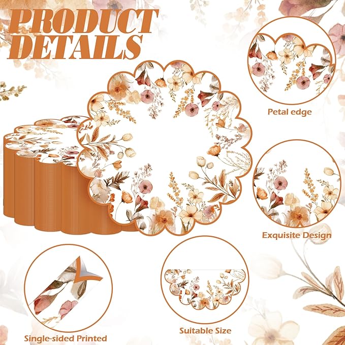 100 Pcs Fall Floral Paper Placemats Scalloped Boho Flower Paper Placemats Disposable Seasonal Wildflower Place Mats for Autumn Wedding Bridal Baby Shower Thanksgiving Harvest Party Supplies