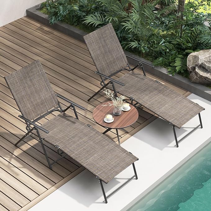 Giantex Lounge Chair Outdoor Set of 2 - Tanning Chair with 6 Adjustable Backrest, 2-Level Footrest, Folding Sunbathing Lounger for Patio, Poolside, Yard, Chaise Lounge Chair, Beach Chair (Brown)