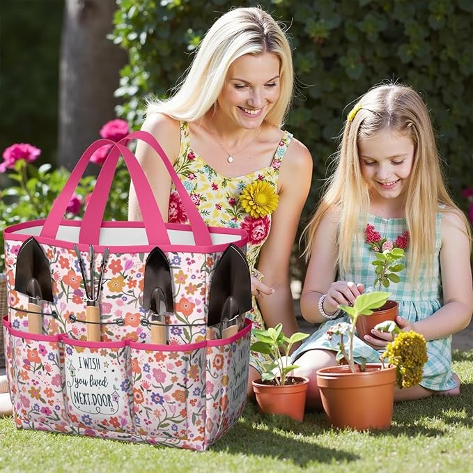 Boho Garden Tool Bag - Waterproof Floral Garden Tote with 8 Pockets, Large Storage Home Organizer Gardening Tool Oxford Bag for Garden Tools Kits Holder, Ideal Outdoor Gardening Gift for Women & Men