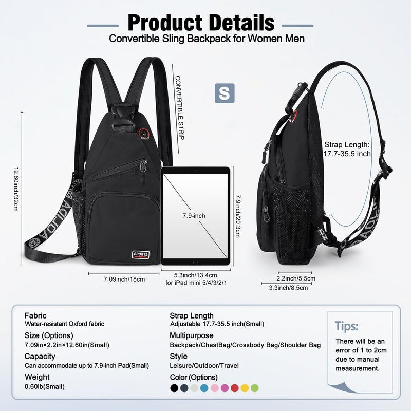 VALUEQLO Crossbody Backpack Convertible Sling Bag for Women Men with Adjustable Strap Small Casual Daypack for Hiking Traveling (Small, 11-Inch, Black)