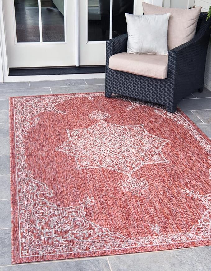 Unique Loom Outdoor Traditional Collection Area Rug - Antique (10' x 13' 1" Rectangle Rust Red/Ivory)