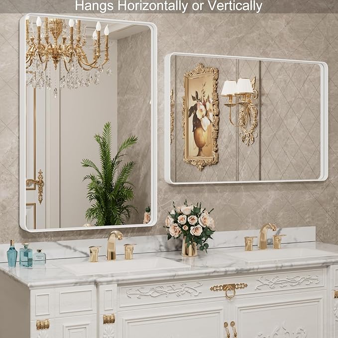 LOAAO 48x32 Inch White Metal Framed Bathroom Mirror