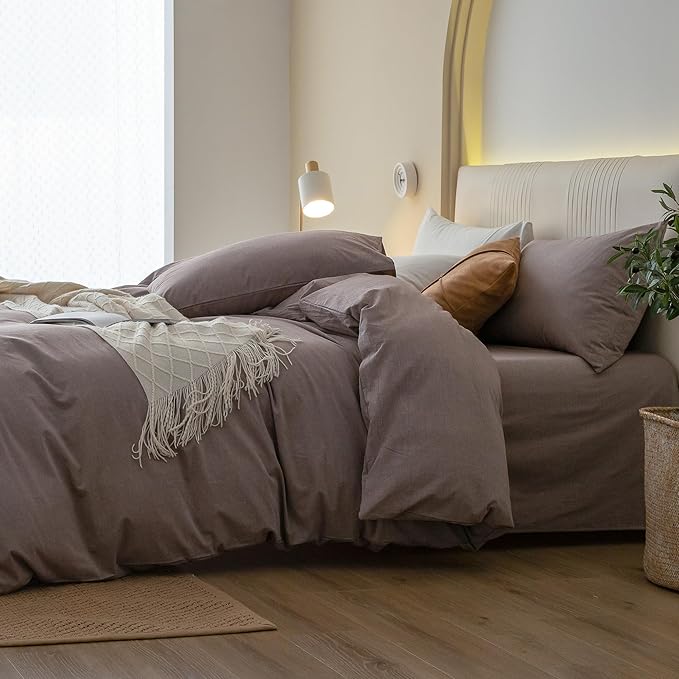 JIYUAN 100% Washed Cotton Duvet Cover Set 3 Pieces King, 1 Duvet Cover 104x90 Inches(Comforter Not Included) and 2 Pillowcases,Linen Feel Bedding Set Comfy and Breathable, Heathered Mauve Brown