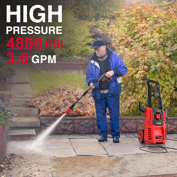 Electric Pressure Washer, 1850 PSI Max,1.0 GPM, 5" Wheels, 18M Cord/Hose Length Max, Power Washer for Patio, Car, Driveway, Fence & Home Cleaning