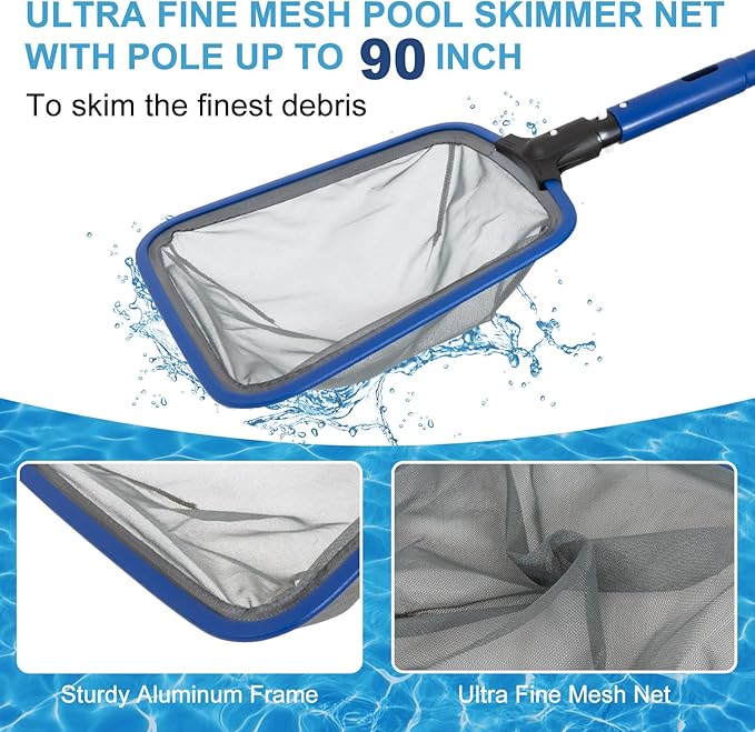 Pool Cleaning Kit, 14.5'' Pool Brush Head & Ultra Fine Mesh Pool Skimmer Net with Pole, Aluminum Frame Pool Net Skimmer & Pool Brush with Pole,Pool Net & Pool Brushes for Cleaning Pool Walls with Pole