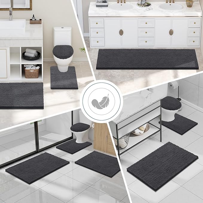 Smiry Luxury Chenille Bathroom Rugs 47x17, Extra Soft and Absorbent Shaggy Bath Mat, Machine Washable, Non-Slip Plush Carpet Runner for Tub, Shower, and Floor, Home Decor Accessories, Charcoal Grey