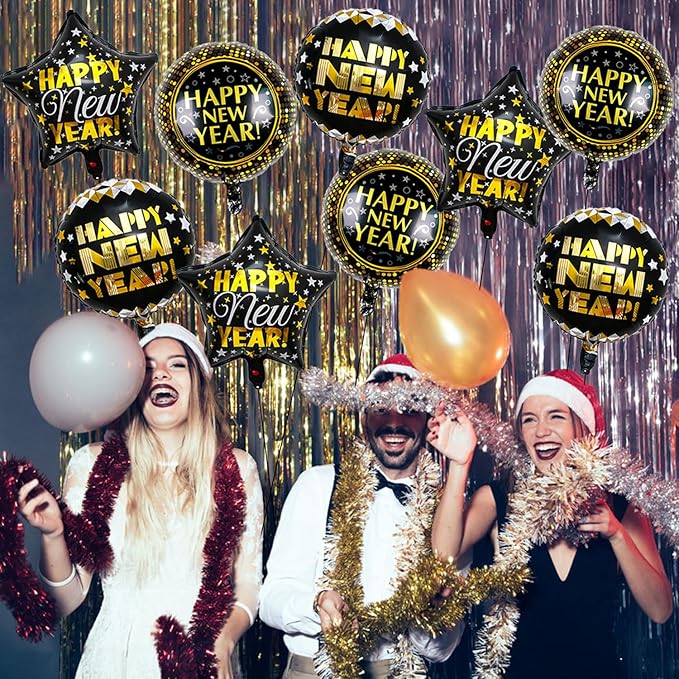 9 PCS Happy New Year Balloons Black Gold 18 Inch New Years Balloons for Happy New Year Decorations 2026 New Years Eve Party Supplies