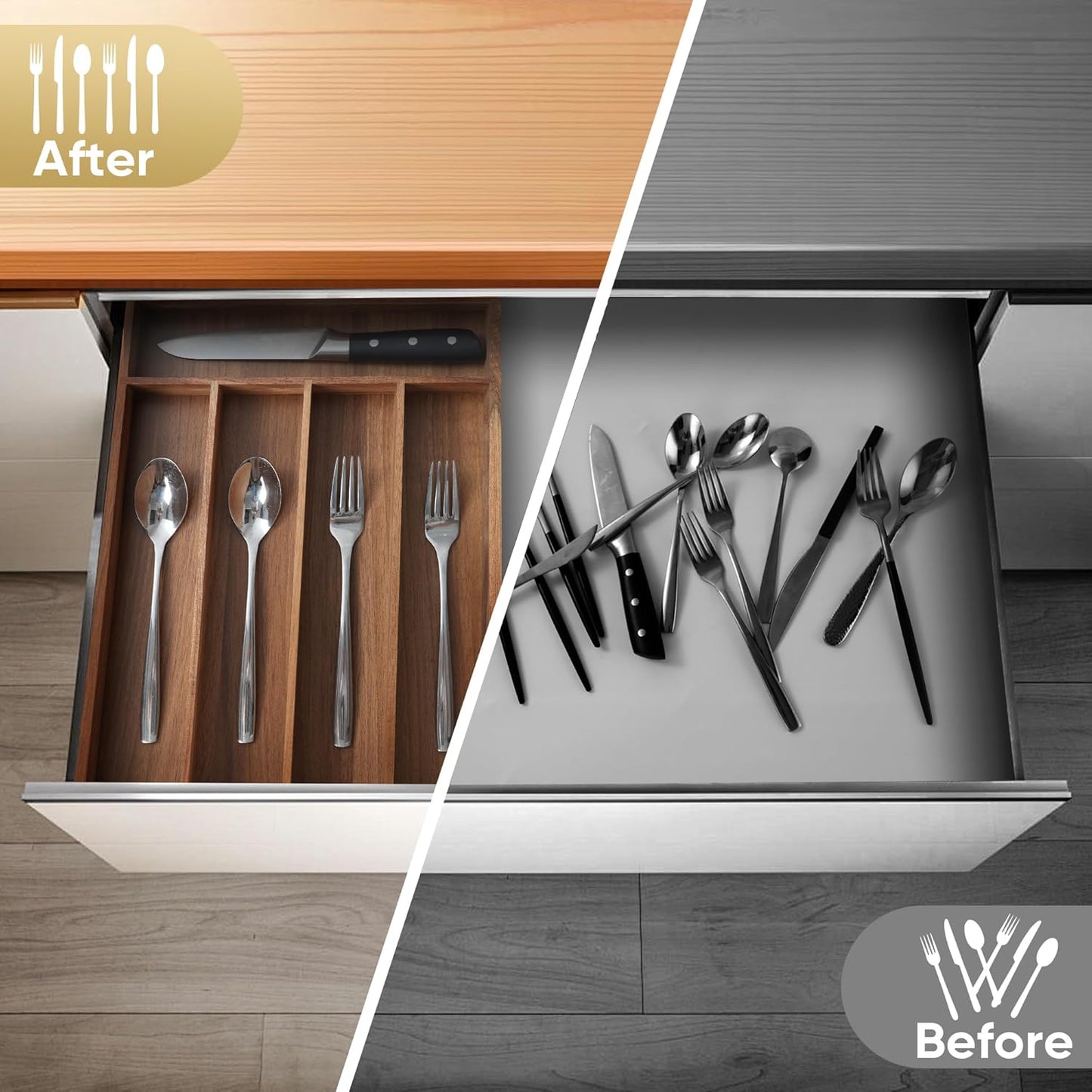 Silverware Organizer, 2 Pack 10 Inch Utensil Organizer Kitchen Drawer Organizer Acacia Silverware Holder Cutlery Tray Organizer in Drawer Flatware Organizer Tray(5 slots, Acacia）