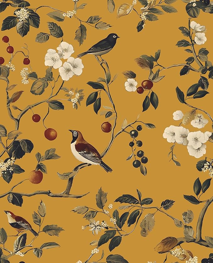 Laatse Vintage Bird Wallpaper 17.5"x118" Yellow Chinoiserie Floral Wallpaper