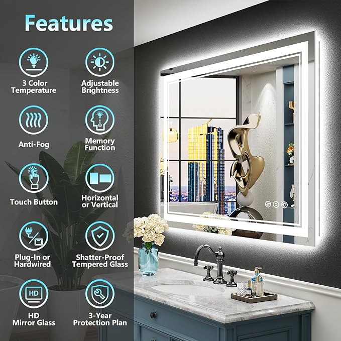 32x36 LED Bathroom Mirror with Lights, Backlit and Front Lit, Anti-Fog Lighted
