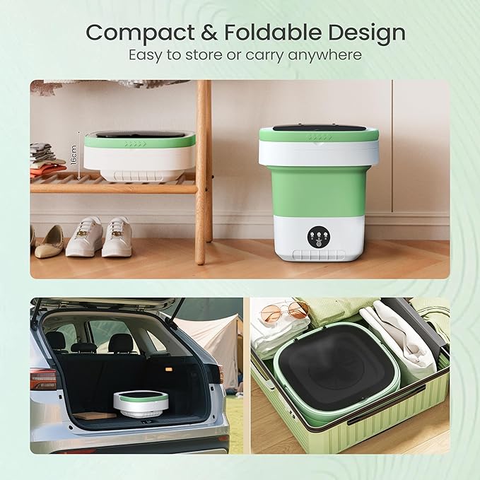 Portable Washing Machine - 16L Mini Foldable Washer with Spin Basket, 3 Cleaning Modes & Deep Cleaning for Small Clothes, Collapsible Laundry for Apartment, Home, Hotel and Travel (Green)
