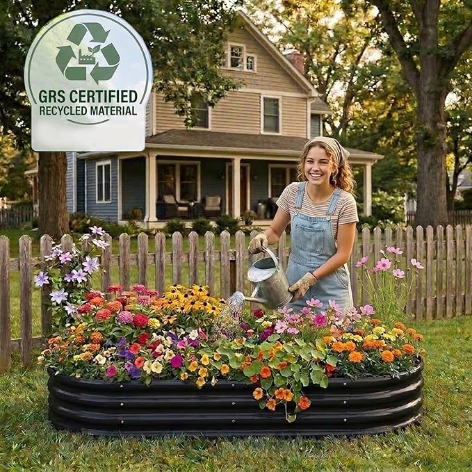 Rakukiri Raised Garden Bed GRS Certified Galvanized Planter Box Outdoor, 6.5ft Oval Rot-Resistant Metal Garden Bed Planter, Recycled Material Planter for Vegetables Flowers Herbs (Black)