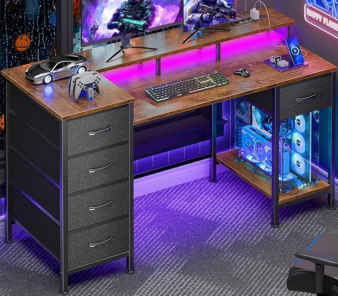 47 Inch Gaming Desk with Power Outlets and LED Lights, Reversible Computer Desk with 5 Fabric Storage Drawers, Home Office Desk with Monitor Stand for Working Writing Study, Rustic Brown