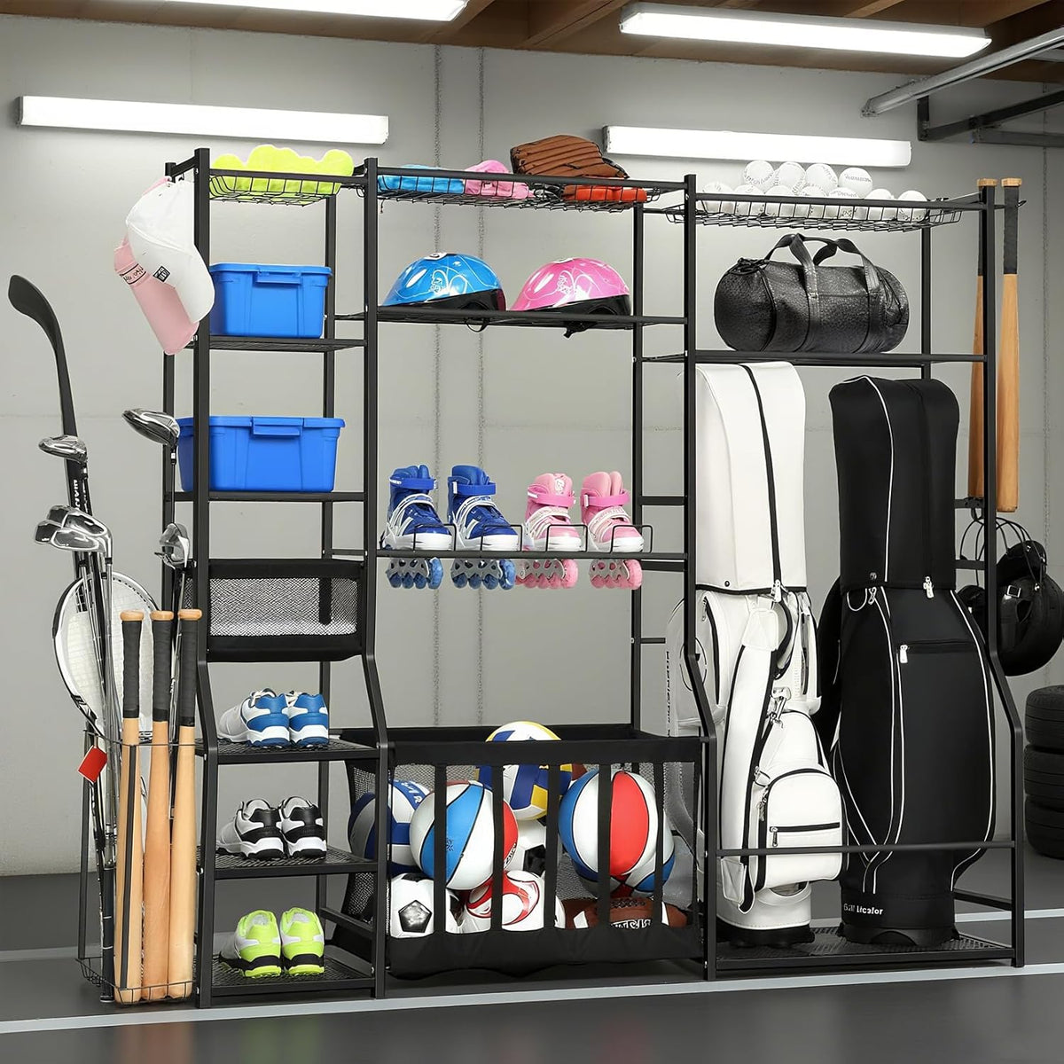 Skiennix Large Garage Sports Equipment Organizer - Upgraded Rack with Holder & Hooks for Balls | Indoor/Outdoor Basketball Storage