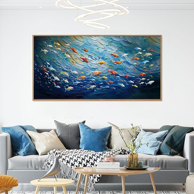 CHDITB Ocean Fish Framed Canvas Wall Art, 20"X40" Large Under The Sea Fishes Oil Painting, Modern Navy Blue Marine Fish Wall Decor, Colorful Fishes Artwork for Living Room Bedroom Office Home Decor