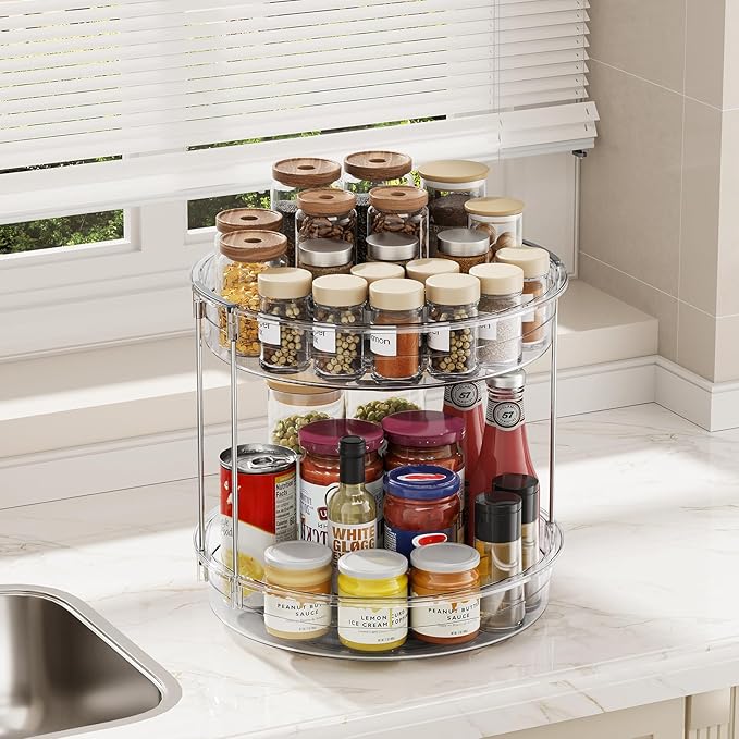 LAMU 2 Pack 2 Tier Lazy Susan Turntable Organizer 12inch Rotating Spice Rack Organization for Cabinet, Kitchen, Pantry, Countertop, Bathroom, Vanity, Medicine Cabinet Organizer, Clear