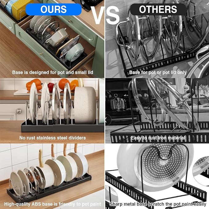 Pots and Pans Organizer Under Cabinet, 22" Expandable Food Storage Container Lid Organizers with 9 Adjustable Dividers Pot and Pan Lid Holders Rack Inside Cabinet/Countertop(1 Pack, Black)