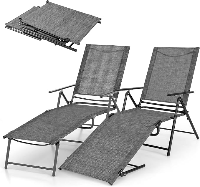 Giantex Lounge Chair Outdoor Set of 2 - Tanning Chair with 6 Adjustable Backrest, 2-Level Footrest, Folding Sunbathing Lounger for Patio, Poolside, Yard, Chaise Lounge Chair, Beach Chair (Grey)