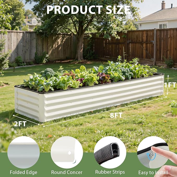 Galvanized Raised Garden Bed – 1 Pack 8x2x1 Ft Patented Leak-Proof Planter Box Outdoor Gardening Metal Raised Garden Beds Kits for Veggies, Herbs & Flowers (White)