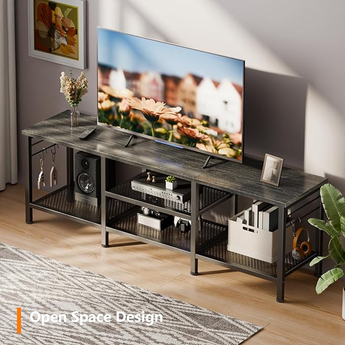 Furologee TV Stand for TVs up to 65 Inch, Entertainment Center with Open Storage Shelves, 55 Inch Television Stands with Soundbar Shelf for Living Room, Bedroom, Black Oak