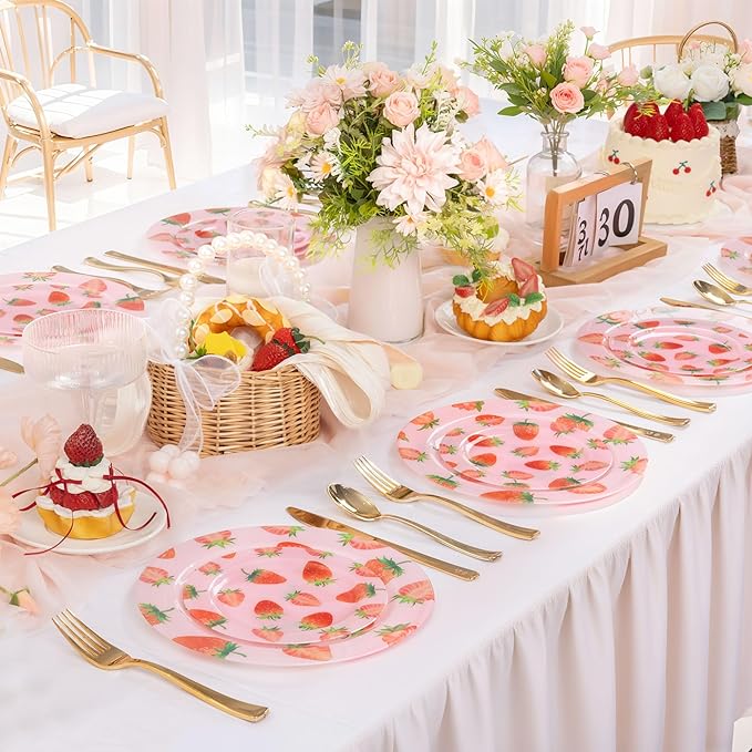 WELLIFE 20PCS Strawberry Plates – Pink Plastic Dinner & Dessert Plates (10×9.2" + 10×6.3"), Girls Birthday Party Plates, Baby Shower Tableware & Berry First Birthday Decorations