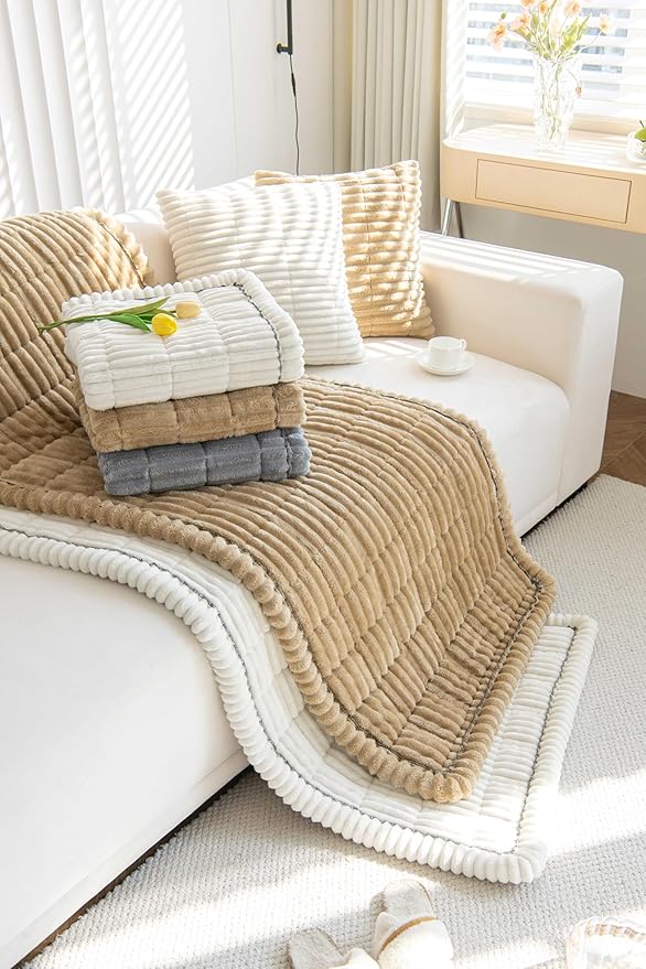 OTOB Sofa Covers for 3 Cushion Couch Washable, Fuzzy Non Slip Pet Friendly Couch Cover Protector Love Seat, All Seasons Soft Plush Furniture Bed Mats Sofa Slipcovers (Coffee, 31.5" x 70.9'')