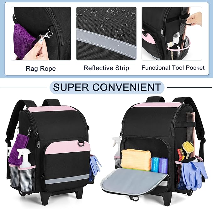 LoDrid Rolling Cleaning Backpack with Detachable Trolley, Professional Cleaning Supply Bag with Wheel, Mobile Cleaning Cart with Handle and Shoulder Strap, Cleaning Bags for House Cleaners, Bag Only